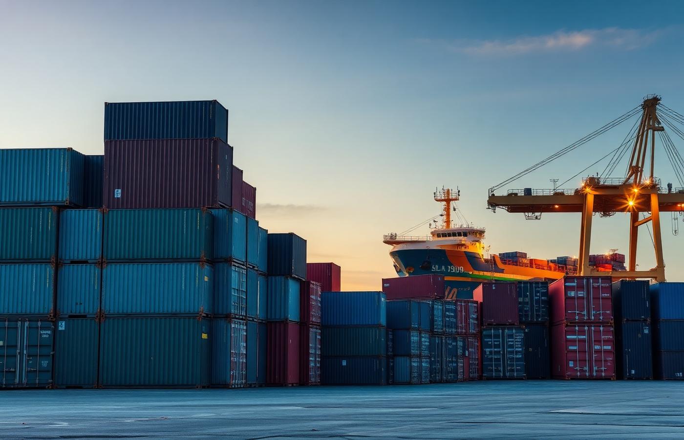 Container terminal at dusk